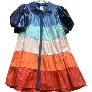 QUEEN OF SPARKLES Navy Multi Tiered Sequin Sleeve Dress
